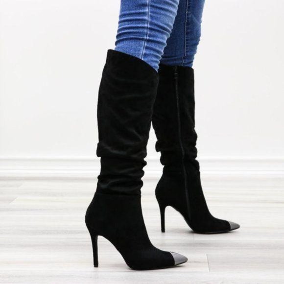 Pointy Toe Below The Knee Black Boots Faux Suede - Picture 5 of 16